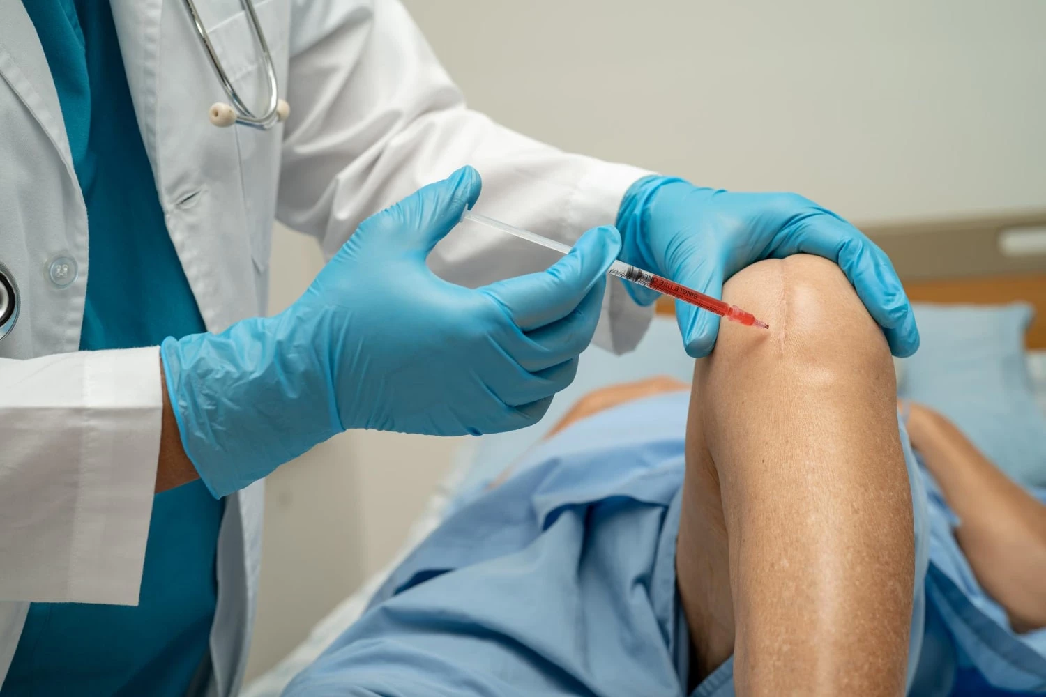 Asian Doctor Inject Hyaluronic Acid Platelet Rich Plasma Into Knee Senior Woman Walk Without Pain